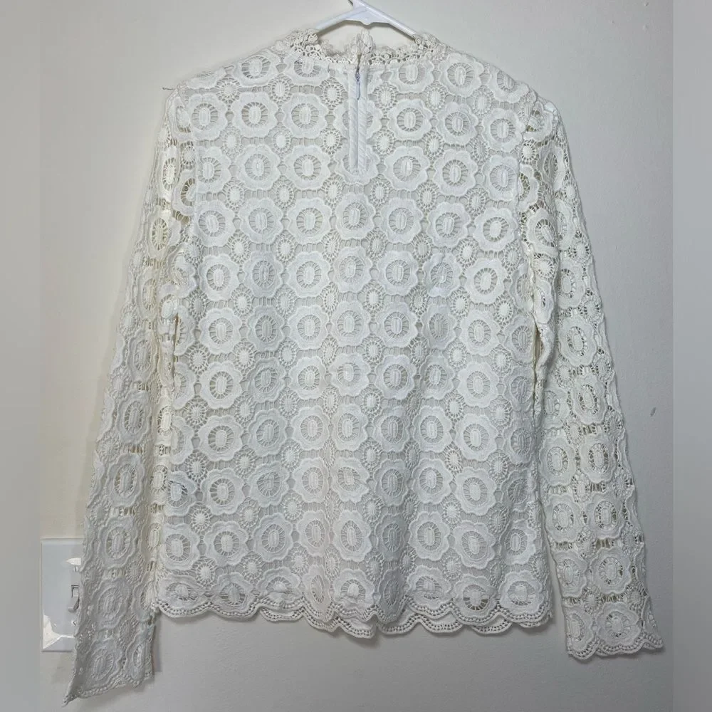 J. McLaughlin Loni Floral Eyelet Crochet Long Sleeve Blouse White Sz XS - Picture 8 of 11